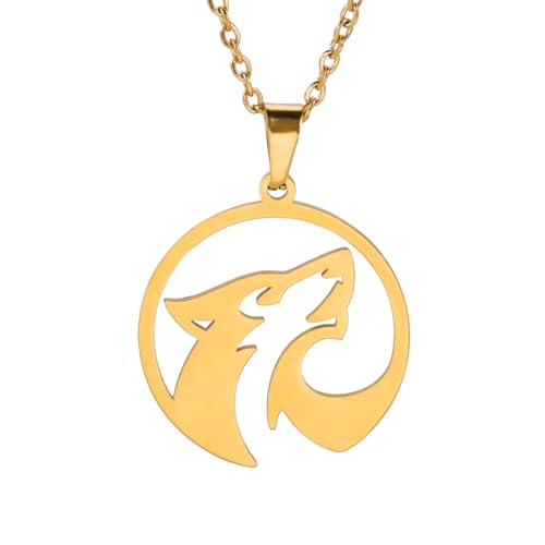 TEAMER Edelstahl Hohler Wolf Halskette Einsamer Heuler Wolf Tier Halskette Punk-Vintage-Schmuck für Frauen (Stil 2 - Gold) von TEAMER