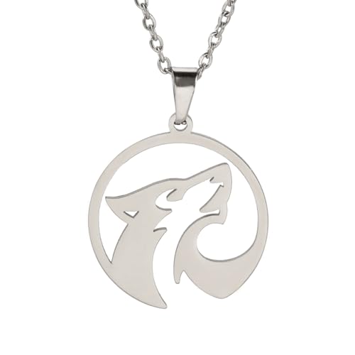 TEAMER Edelstahl Hohler Wolf Halskette Einsamer Heuler Wolf Tier Halskette Punk-Vintage-Schmuck für Frauen (Stil 2 - Silber) von TEAMER