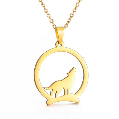 TEAMER Edelstahl Hohler Wolf Halskette Einsamer Heuler Wolf Tier Halskette Punk-Vintage-Schmuck für Frauen (Stil 3 - Gold) von TEAMER