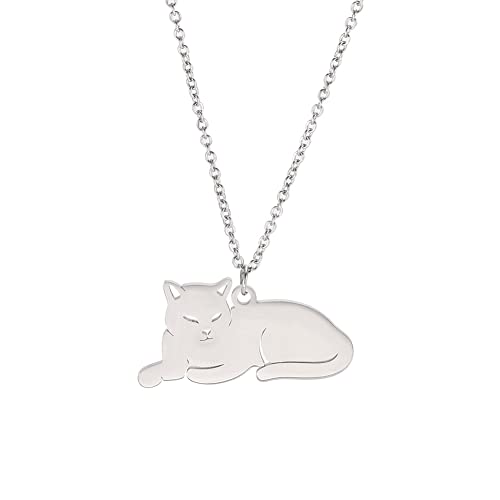 TEAMER Edelstahl Hund Katze Pferd Fuchs Haustier Tier Anhänger niedliche Halskette Kette Schmuck für Frauen (Liegende Katze - Silber) von TEAMER