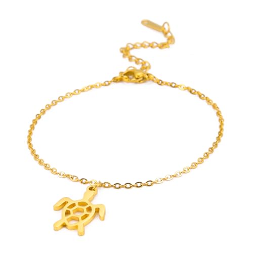 TEAMER Edelstahl-Knöchelarmband mit Meeresschildkröte, verstellbar, Glücksschildkröte-Fußkettchen, süßer Boho-Sommer-Strand, wasserdichter Fußschmuck für Frauen (Schildkröte - Gold) von TEAMER