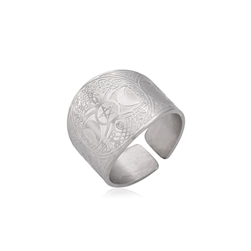 TEAMER Edelstahl Pentagramm Dreifach-Mondgöttin Lebensbaum Ring - Wiccan Pagen Magisches Pentagramm Religionen Amulett Schmuck Für Männer Frauen (9, Dreifache Mondgöttin - Silber) von TEAMER