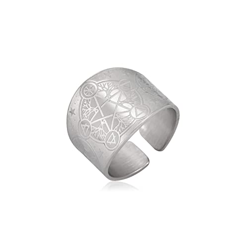 TEAMER Edelstahl Pentagramm Ring Dreifach-Mondgöttin Ring Lebensbaum Ring Wiccan Pagen Magisches Pentagramm Religionen Amulett Schmuck Für Männer Frauen (9, Pentagramm & Lebensbaum - Silber) von TEAMER