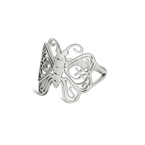 TEAMER Edelstahl Schmetterling Pentagramm Ring Keltischer Pentagramm Ring Wicca Pagan Amulett Schmuck für Frauen Männer (7, Stil 2 - Silber) von TEAMER