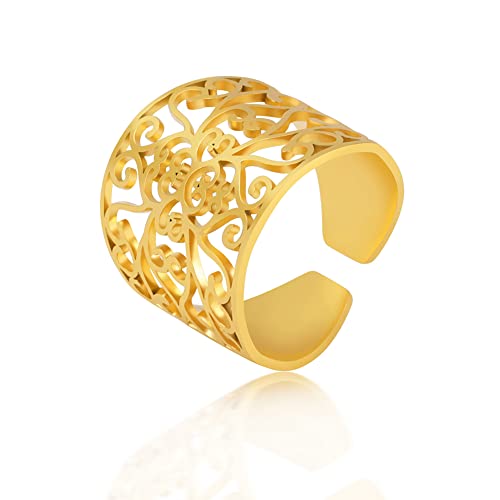 TEAMER Vintage Süßer hohler Blumenring Retro Mode Damen Blume Filigran Index Finger Ring Minimalistischer stapelbarer Ring Modeschmuck (Stil 1 - Gold) von TEAMER