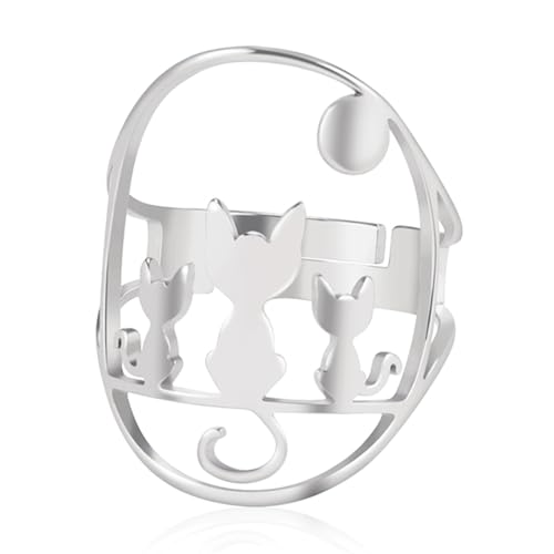 TEAMER Edelstahl niedlich Katze Ringe Mondsichel Stern Katze Ring Resizable Vollmond Katzen Ring Katzenliebhaber Schmuck für Frauen (Drei sitzende Katzen Vollmond - Silber) von TEAMER