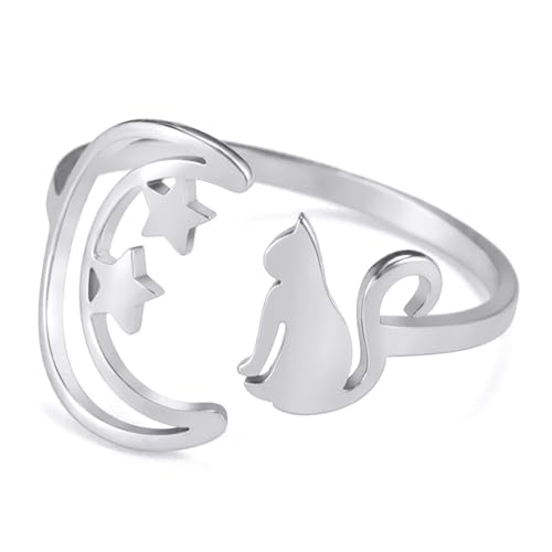 TEAMER Edelstahl niedlich Katze Ringe Mondsichel Stern Katze Ring Resizable Vollmond Katzen Ring Katzenliebhaber Schmuck für Frauen (Mondsichel Sternenkatze - Silber) von TEAMER