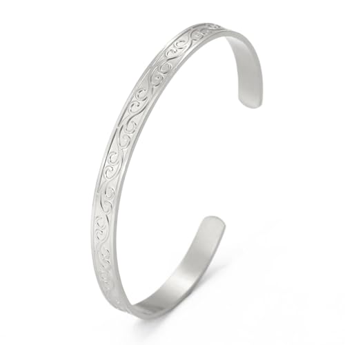 TEAMER Einfache Dünne Manschette Armband Edelstahl Filigrane Blume Offene Armreif Paar Armband Mode Handgelenk Schmuck Für Frauen Männer (Filigranes Blumen-Manschettenarmband – Silber) von TEAMER