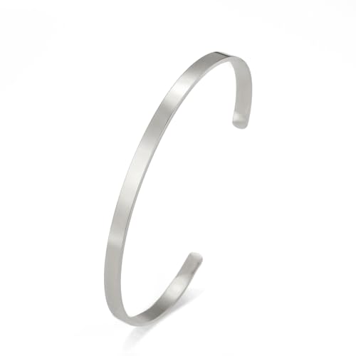 TEAMER Einfache Dünne Manschette Armband Edelstahl Filigrane Blume Offene Armreif Paar Armband Mode Handgelenk Schmuck Für Frauen Männer (Schlichtes Manschettenarmband – Silber) von TEAMER