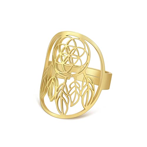 TEAMER Größenverstellbare Blume des Lebens Ringe Edelstahl Om Symbol Heilige Geometrie Magisches Hexagramm Talisman Amulett Schmuck für Frauen Mädchen (Blume des Lebens & Traumfänger -Gold) von TEAMER