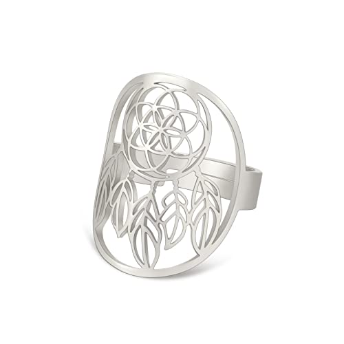 TEAMER Größenverstellbare Blume des Lebens Ringe Edelstahl Om Symbol Heilige Geometrie Magisches Hexagramm Talisman Amulett Schmuck für Frauen Mädchen (Blume des Lebens & Traumfänger -silber) von TEAMER