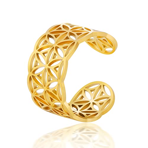 TEAMER Größenverstellbare Blume des Lebens Ringe Edelstahl Om Symbol Ring Heilige Geometrie Magisches Hexagramm Talisman Amulett Schmuck für Frauen Mädchen (Blume des Lebens-Gold) von TEAMER