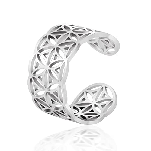 TEAMER Größenverstellbare Blume des Lebens Ringe Edelstahl Om Symbol Ring Heilige Geometrie Magisches Hexagramm Talisman Amulett Schmuck für Frauen Mädchen (Blume des Lebens-Silber) von TEAMER