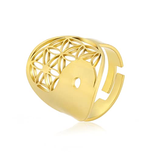 TEAMER Größenverstellbare Blume des Lebens Ringe Edelstahl Om Symbol Ring Heilige Geometrie Magisches Hexagramm Talisman Amulett Schmuck für Frauen Mädchen (Yin-Yang-Blume - Gold) von TEAMER