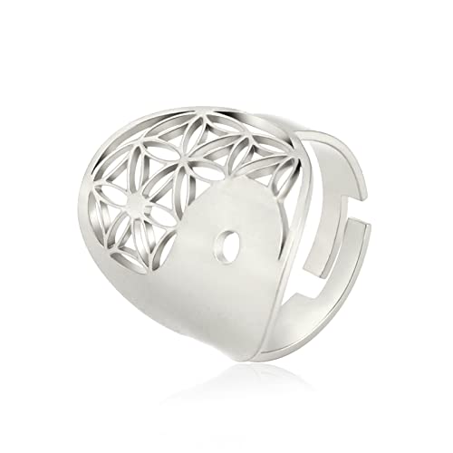 TEAMER Größenverstellbare Blume des Lebens Ringe Edelstahl Om Symbol Ring Heilige Geometrie Magisches Hexagramm Talisman Amulett Schmuck für Frauen Mädchen (Yin-Yang-Blume -Silber) von TEAMER