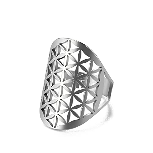 TEAMER Größenverstellbarer Erzengel Metatron Edelstahl-Ring, verstellbare Blume des Lebens, Schmuck für Frauen und Mädchen (Silber-Style-E) von TEAMER