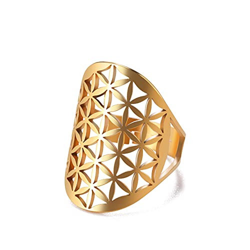 TEAMER Größenverstellbarer Erzengel Metatron Edelstahl-Ring, verstellbare Blume des Lebens, Schmuck für Frauen und Mädchen (Gold-Style E) von TEAMER