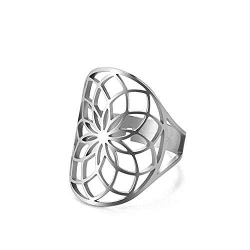 TEAMER Größenverstellbarer Erzengel Metatron Edelstahl-Ring, verstellbare Blume des Lebens, Schmuck für Frauen und Mädchen (Silber-Style-D) von TEAMER