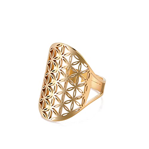 TEAMER Größenverstellbarer Erzengel Metatron Edelstahl-Ring, verstellbare Blume des Lebens, Schmuck für Frauen und Mädchen (Gold-Style B) von TEAMER