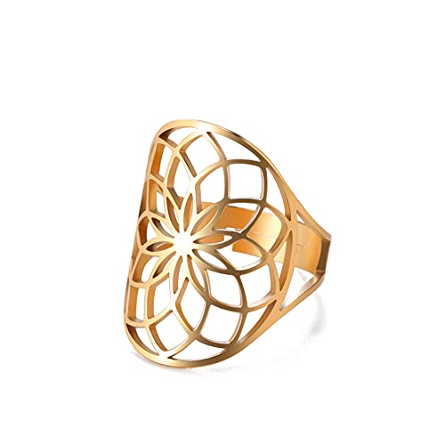 TEAMER Größenverstellbarer Erzengel Metatron Edelstahl-Ring, verstellbare Blume des Lebens, Schmuck für Frauen und Mädchen (Gold-Style D) von TEAMER