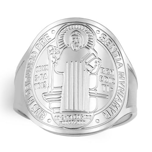 TEAMER Größenverstellbarer Ring des Heiligen Benedikt aus Edelstahl Religiöser Ring des Heiligen Benedikt katholischer christlicher Glaube böser Schutz Amulett Schmuck für Frauen (Silber) von TEAMER