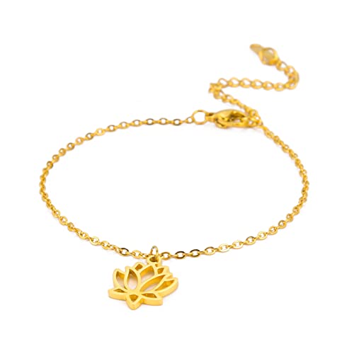 TEAMER Größenverstellbares Lotus-Knöchel-Armband, Fußkettchen, Edelstahl, Semikolon, Fußkettchen, Yoga, Meditation, inspirierender Sommer-Strand-Schmuck für Frauen (Lotus - Gold) von TEAMER