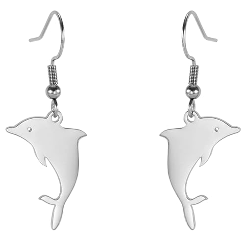 TEAMER Halskette Delfin Ring Edelstahl Niedlicher springender Delfin Anhänger Delfin Liebhaber Tier Boho Sommer Meer Schmuck Für Frauen Männer (Delfin-Ohrring - Silber) von TEAMER