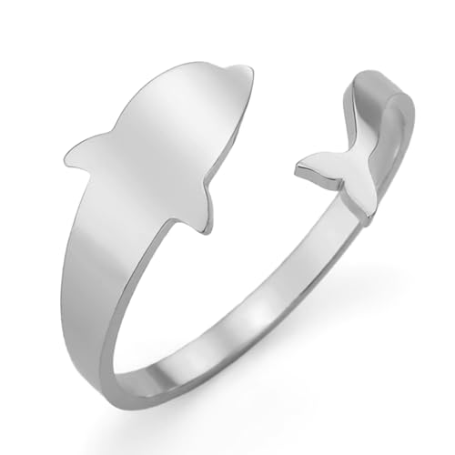 TEAMER Halskette Delfin Ring Edelstahl Niedlicher springender Delfin Anhänger Delfin Liebhaber Tier Boho Sommer Meer Schmuck Für Frauen Männer (Delfin Ring - Silber) von TEAMER