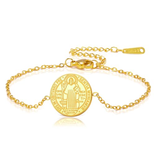 TEAMER Heiliger Benedikt Armband Edelstahl St. Benedikt Anhänger Jesus Kreuz Religiöses Katholisches Amulett der Stärke Frieden Gebet Schmuck Für Frauen Männer (Gold) von TEAMER