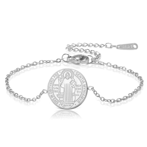 TEAMER Heiliger Benedikt Armband Edelstahl St. Benedikt Anhänger Jesus Kreuz Religiöses Katholisches Amulett der Stärke Frieden Gebet Schmuck Für Frauen Männer (Silber) von TEAMER