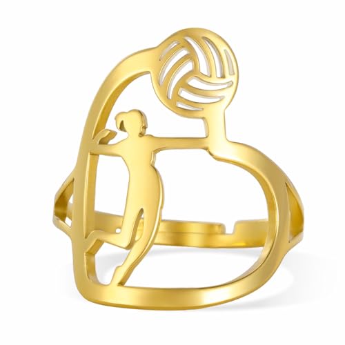 TEAMER Herz-Volleyballspieler-Ring Zierlicher Größenverstellbarer Volleyballring Modischer Sportballschmuck aus Edelstahl für Teamsportler Trainer Volleyballliebhaber (Gold) von TEAMER