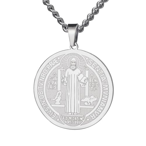 TEAMER Katholische Sankt Benedikt Siegel Halskette Edelstahl St. Benedikt Anhänger Jesus Kreuz Religiöses Amulett der Stärke Frieden Gebet Schmuck Für Männer Frauen (Sankt-Benedikt-Halskette - Silber) von TEAMER