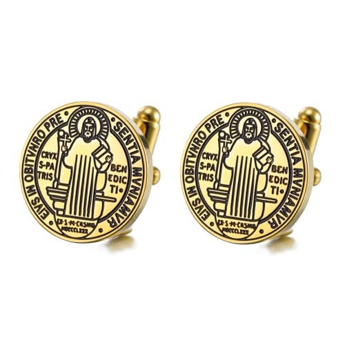 TEAMER Katholische Sankt Benedikt Siegel Manschettenknöpfe Edelstahl St. Benedikt Manschettenknöpfe Jesus Kreuz Religiöses Amulett der Stärke Frieden Gebet Schmuck Für Männer Frauen (Gold) von TEAMER