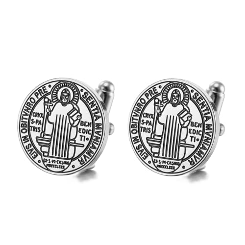TEAMER Katholische Sankt Benedikt Siegel Manschettenknöpfe Edelstahl St. Benedikt Manschettenknöpfe Jesus Kreuz Religiöses Amulett der Stärke Frieden Gebet Schmuck Für Männer Frauen (Silber) von TEAMER