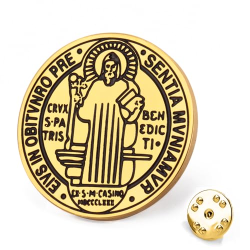 TEAMER Katholische St. Benedikt Siegel Brosche Edelstahl St. Benedikt Pin Jesus Kreuz Religiöses Amulett der Stärke Frieden Gebet Schmuck Für Männer Frauen (Gold) von TEAMER