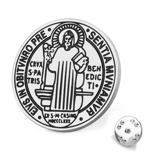 TEAMER Katholische St. Benedikt Siegel Brosche Edelstahl St. Benedikt Pin Jesus Kreuz Religiöses Amulett der Stärke Frieden Gebet Schmuck Für Männer Frauen (Silber) von TEAMER