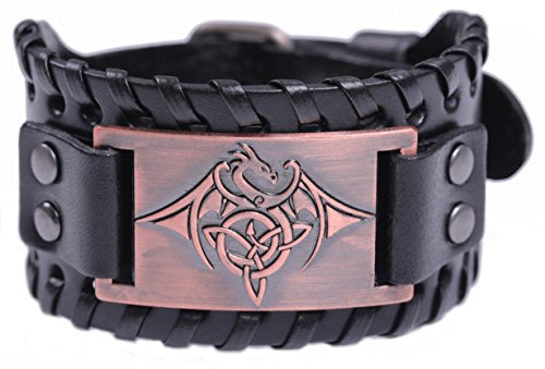 TEAMER Keltisch Dreifaltigkeit Knoten Triquetra Armband Flügel Drache Lederarmband Geschenk Schmuck für Männer (Antikes Kupfer, Schwarz) von TEAMER