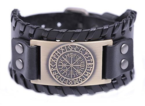 TEAMER Vintage Nordic Viking 24 Runen Lederarmband Isländisches Vegvisir Symbol für Glück und Segen, Leder von TEAMER