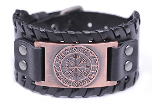 TEAMER Vintage Nordic Viking 24 Runen Lederarmband Isländisches Vegvisir Symbol für Glück und Segen, Leder von TEAMER