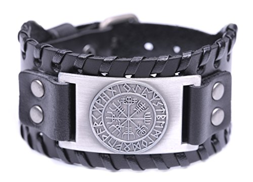 TEAMER Vintage Nordic Viking 24 Runen Lederarmband Isländisches Vegvisir Symbol für Glück und Segen, Leder von TEAMER