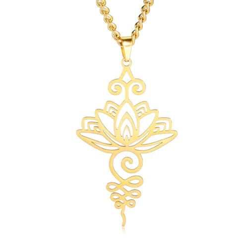 TEAMER Lotus Halskette Edelstahl Blume des Lebens Halskette Yoga Meditation Anhänger Inspirational Schmuck für Frauen Teens Mädchen (Stil 1 - Gold) von TEAMER