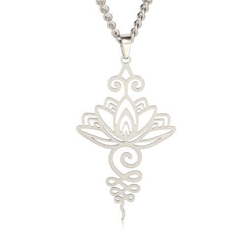 TEAMER Lotus Halskette Edelstahl Blume des Lebens Halskette Yoga Meditation Anhänger Inspirational Schmuck für Frauen Teens Mädchen (Stil 1 -Silber) von TEAMER