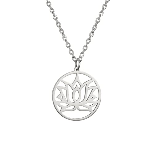 TEAMER Lotus Halskette Edelstahl Blume des Lebens Halskette Yoga Meditation Anhänger Inspirational Schmuck für Frauen Teens Mädchen (Stil 4 - Silber) von TEAMER