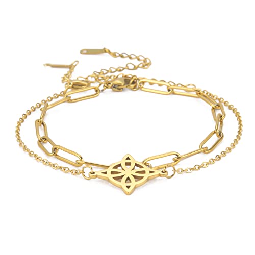 TEAMER Metatron Cube Armband Heilige Geometrie Armband Blume des Lebens Hexenknoten Bettelarmband Edelstahl Schmuck (Hexenknoten-Doppelkette-Gold) von TEAMER