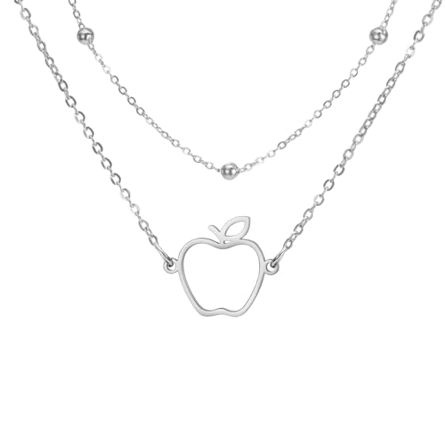 TEAMER Niedliche Apfel-Halskette Lehrer-Halskette Edelstahl Zierlicher Apfel-Anhänger Apfel-Frucht-Schmuck Für Lehrer Frauen Männer (Apfel Doppelkette Halskette - Silber) von TEAMER