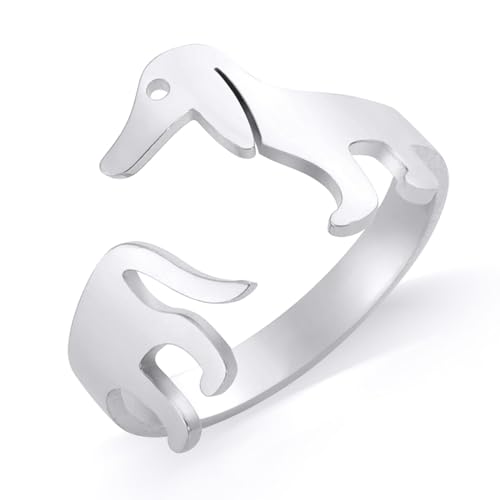 TEAMER Niedliche Dackel Halskette Resizable Dackel Ring Edelstahl Dackel Liebhaber Haustier Tierschmuck Für Frauen Männer (Dackel Ring - Silber) von TEAMER