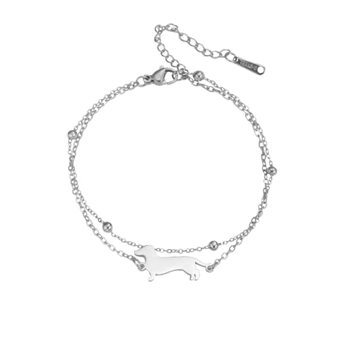 TEAMER Niedliches Dackel Armband Anpassbares Dackel Doppelketten Armband Edelstahl Dackelliebhaber Tierschmuck für Frauen Männer (Silber) von TEAMER