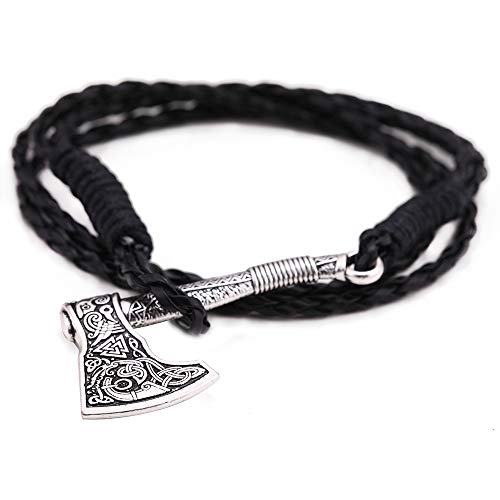 TEAMER Nordische Wikinger Axt Wickelarmband Amulett Triquetra Muster Anhänger Armband Geschenk für Männer Frauen（Antik Silber & Geflecht PU） von TEAMER