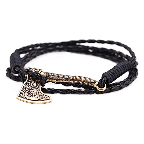 TEAMER Nordische Wikinger Axt Wickelarmband Amulett Triquetra Muster Anhänger Armband Geschenk für Männer Frauen（Antikes Gold & Geflecht PU） von TEAMER