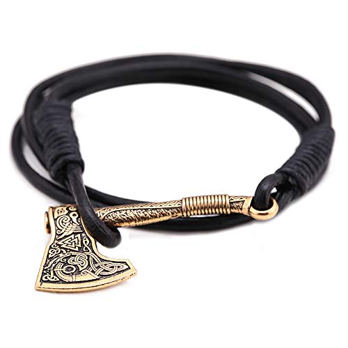 TEAMER Nordische Wikinger Axt Wickelarmband Amulett Triquetra Muster Anhänger Armband Geschenk für Männer Frauen（Antikes Gold & Leder） von TEAMER